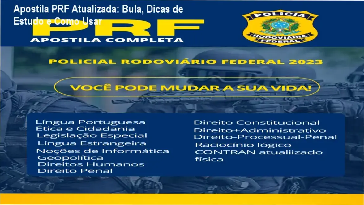 Capa da Apostila PRF Atualizada mostrando dicas de estudo e guia prático em PDF