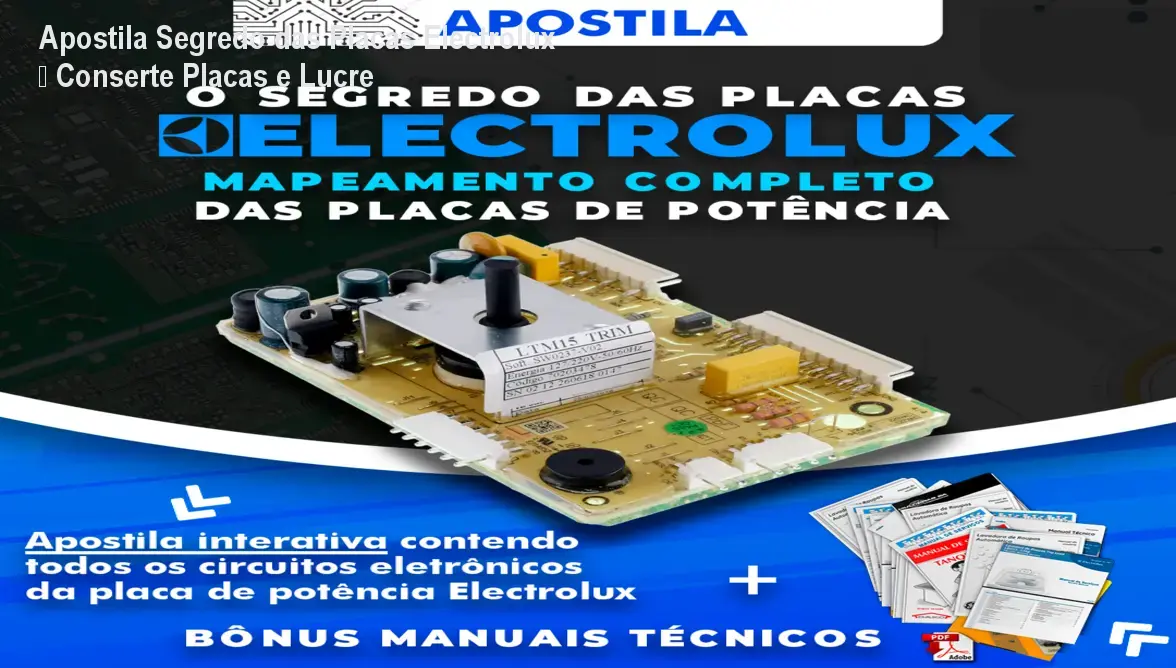 Apostila Segredo das Placas Electrolux exibida ao lado de uma placa de lavadora, mostrando como o técnico pode identificar componentes defeituosos e economizar na reposição.