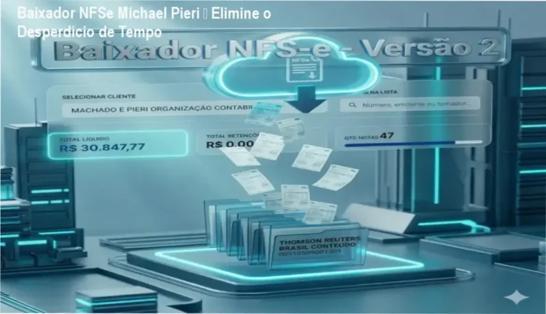 Tela do Baixador NFSe Michael Pieri mostrando download automático de notas fiscais com certificação local segura