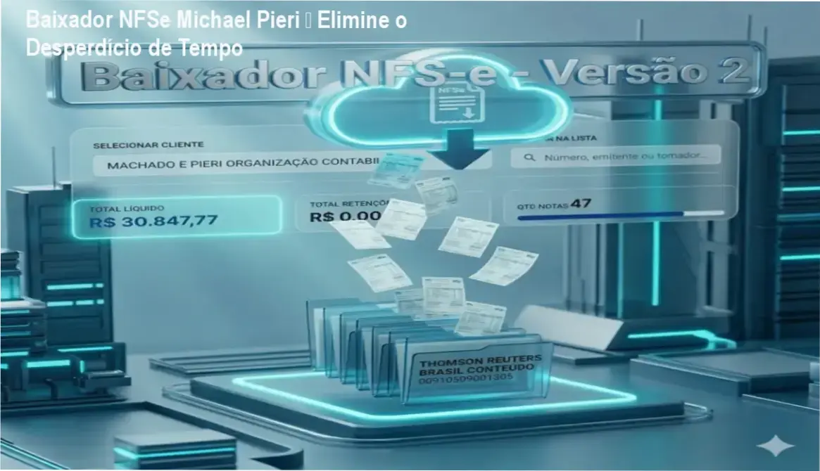 Tela do Baixador NFSe Michael Pieri mostrando download automático de notas fiscais com certificação local segura