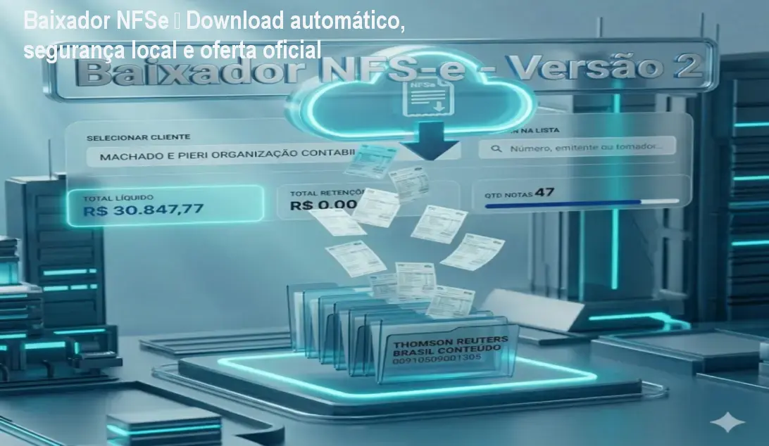 Tela do Baixador NFSe baixando XMLs e PDFs automaticamente, mantendo certificados seguros no computador