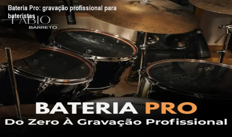 Capa do curso Bateria Pro mostrando equipamentos de gravação de bateria em home studio