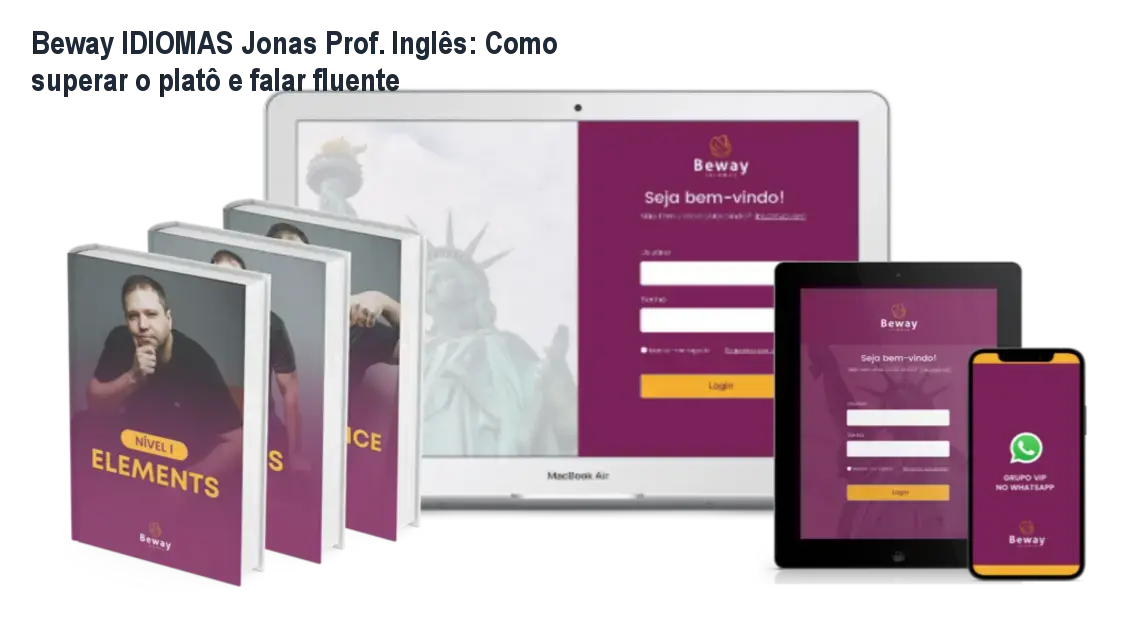Imagem do curso Beway 2.0 mostrando aulas online e material de apoio para aprender inglês falando com confiança