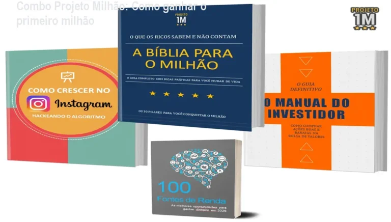 Imagem do combo Projeto Milhão mostrando os três e‑books e o bônus de 100 fontes de renda