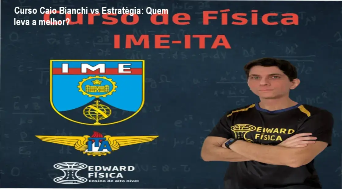 Comparativo visual entre o Curso Completo de Física de Caio Bianchi e o Estratégia Vestibular mostrando pontos fortes e fracos
