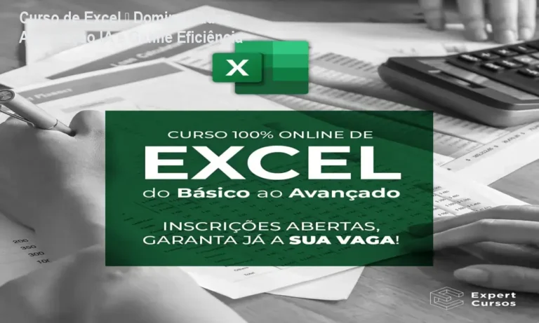 Tela do Curso de Excel Expert mostrando planilha avançada com Power Query e IA, ilustrando ganho de produtividade