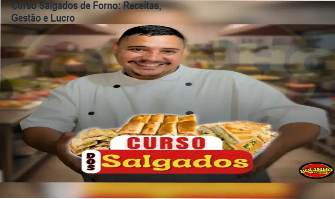 Imagem do curso Salgados de Forno mostrando receitas e planilha de gestão de lucro
