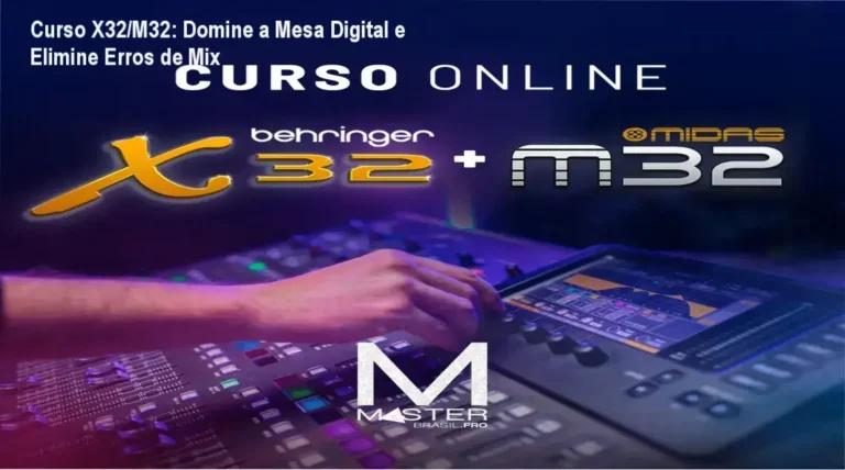 Tela do curso online mostrando a interface da mesa digital Behringer X32