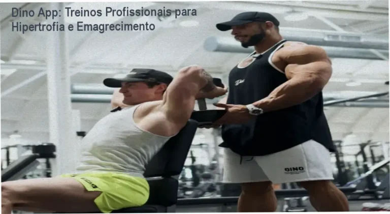 Captura de tela do Dino App mostrando plano de treino e biblioteca de exercícios