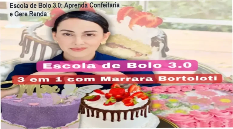 Tela do curso Escola de Bolo 3.0 mostrando aulas de confeitaria e estratégias de venda
