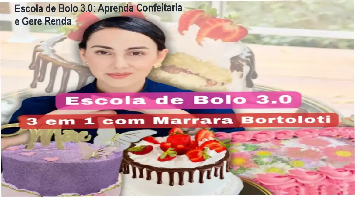 Tela do curso Escola de Bolo 3.0 mostrando aulas de confeitaria e estratégias de venda
