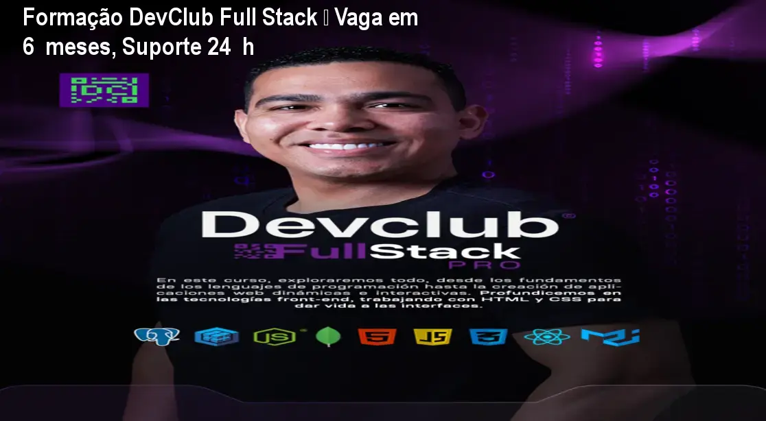 Aluno do DevClub Full Stack trabalhando no laptop, recebendo suporte 24 h e preparando portfólio para conseguir a primeira vaga em tecnologia
