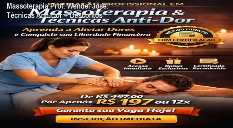 Imagem promocional do curso online de Massoterapia e Técnicas Anti-Dor do Prof. Enf. Wendel José com destaque para cupom de desconto