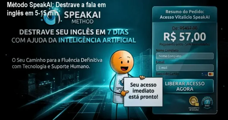 Capa do e‑book do Método SpeakAI mostrando aprendizado rápido de frases em inglês