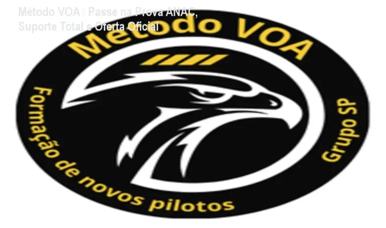 Tela do curso Método VOA mostrando módulos de teoria ANAC, suporte de comunidade e planejamento financeiro para futuros pilotos privados