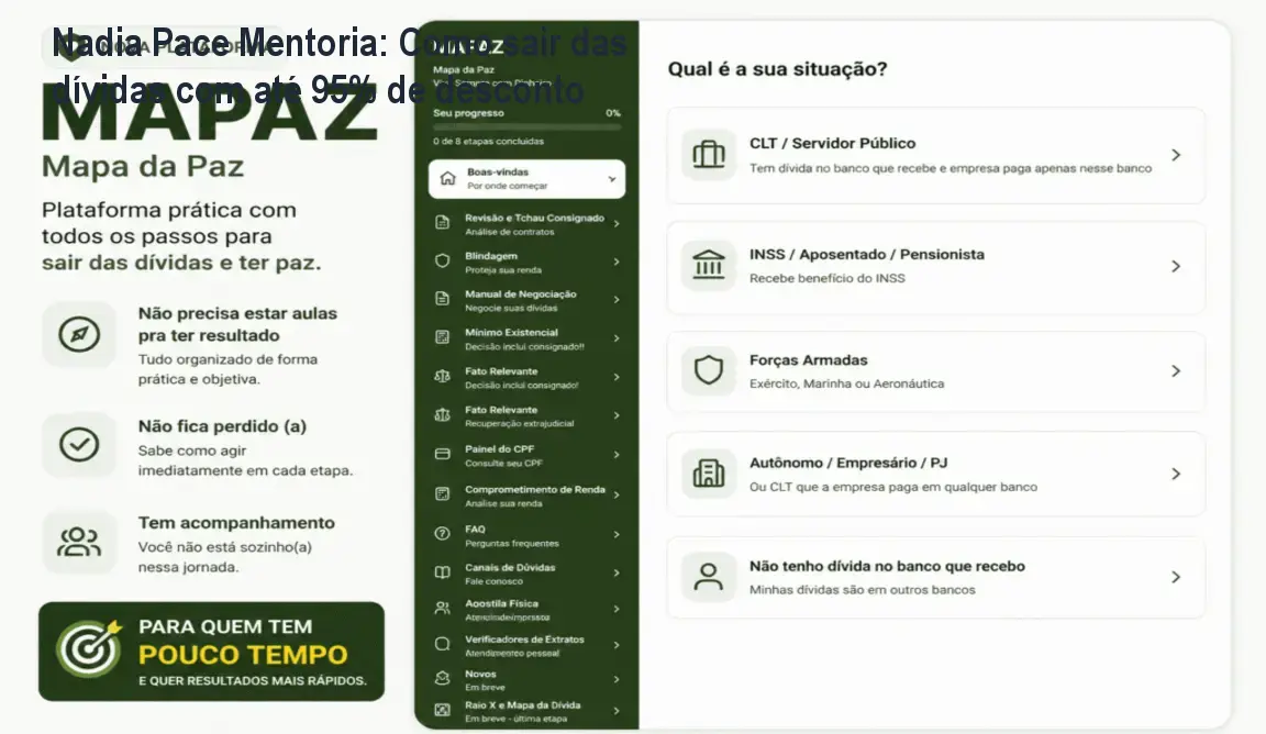 Tela da mentoria Nadia Pace mostrando método DNPQP para limpar nome e economizar nas dívidas