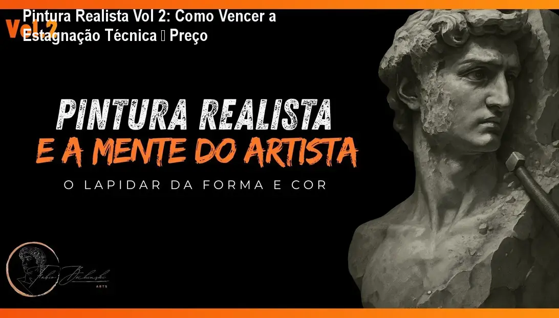 Capa do curso Pintura Realista e a Mente do Artista Volume 2 mostrando pincéis, paleta de cores e esculturas realistas