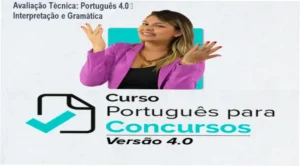 Capa do curso Português para Concursos 4.0 mostrando foco em interpretação de texto e gramática para concursos.