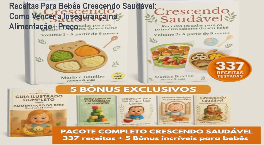 Capa do ebook Receitas Para Bebês Crescendo Saudável mostrando receitas nutritivas e ilustrações de alimentação infantil