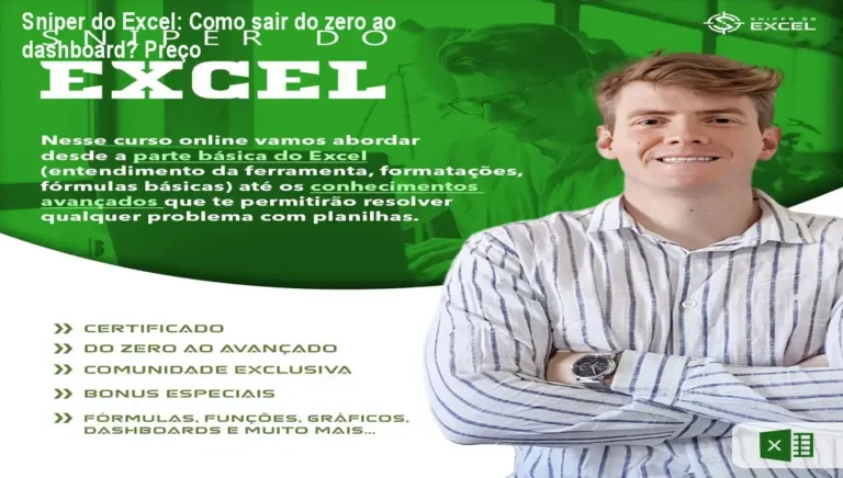 Tela de Excel mostrando um dashboard avançado com gráficos, tabelas dinâmicas e macros, exemplo do curso Sniper do Excel