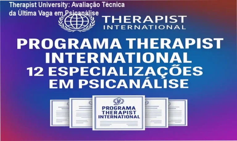 Tela do programa internacional de especialização em psicanálise da Therapist University, mostrando certificações e acesso vitalício.