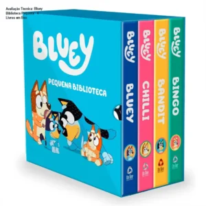 Box com 4 livros infantis da série Bluey - visualização interna e ilustrações