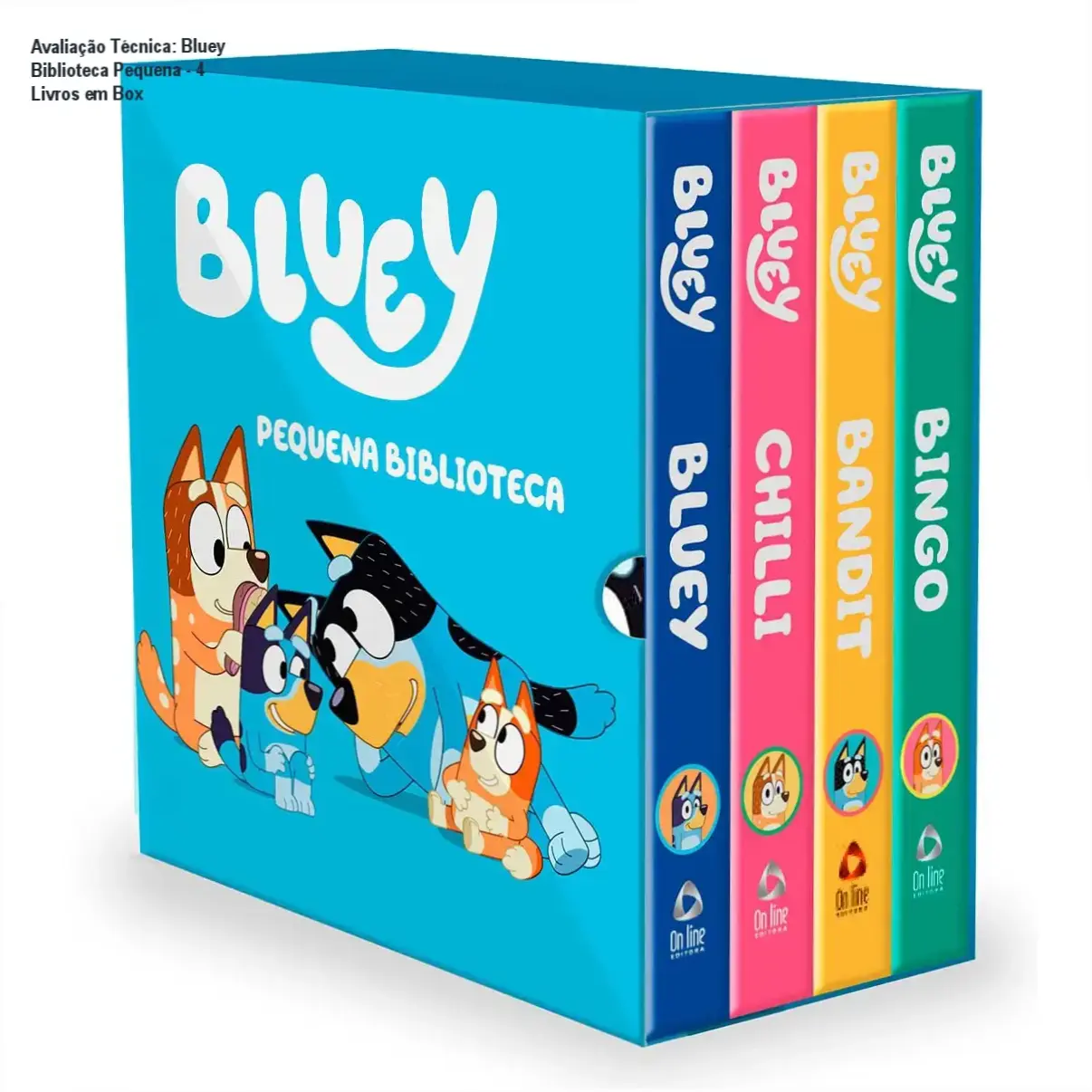 Box com 4 livros infantis da série Bluey - visualização interna e ilustrações