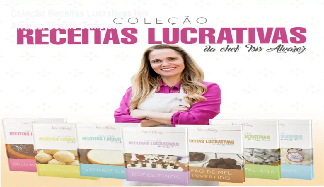 Coleção Receitas Lucrativas da Chef Ísis Alvarez mostrando bastidores das videoaulas e apostilas digitais