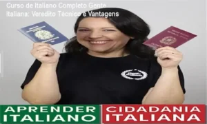 Professor bilíngue ensinando italiano com material audiovisual em destaque