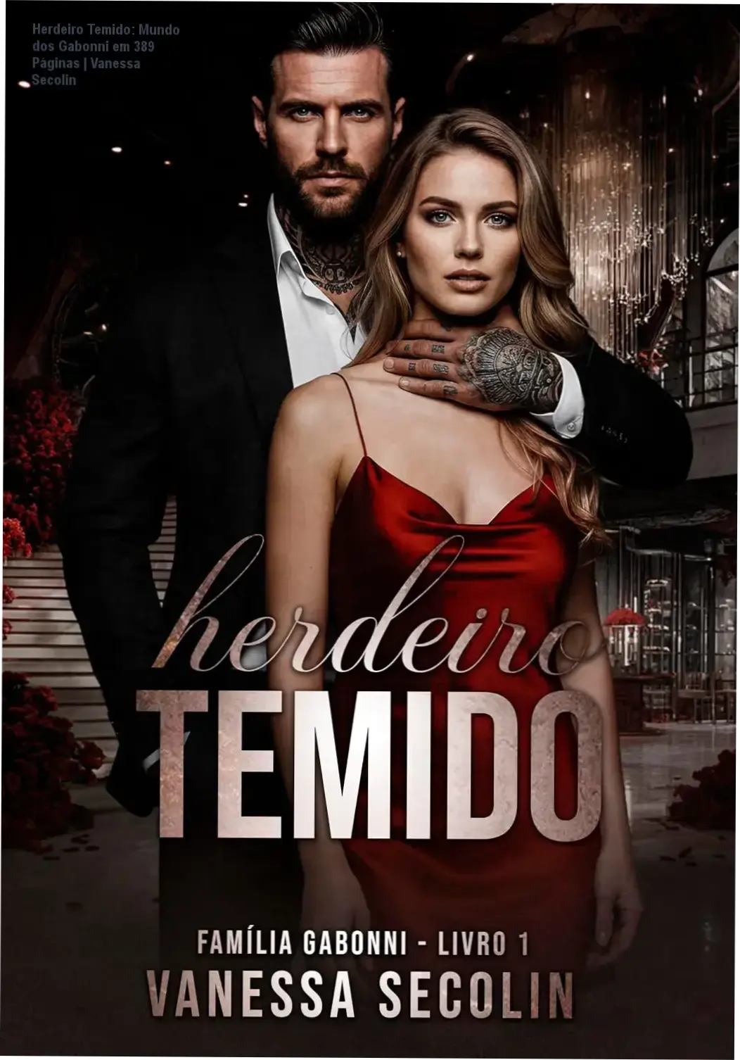 Capa do ebook Herdeiro Temido: Família Gabonni mostrando os personagens principais Aléssio e Aurora em um cenário de luxo.