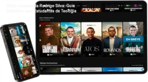 Página inicial do app exclusivo com análise de textos bíblicos usando inteligência artificial, com destaque para conteúdo acadêmico e especialistas invitados