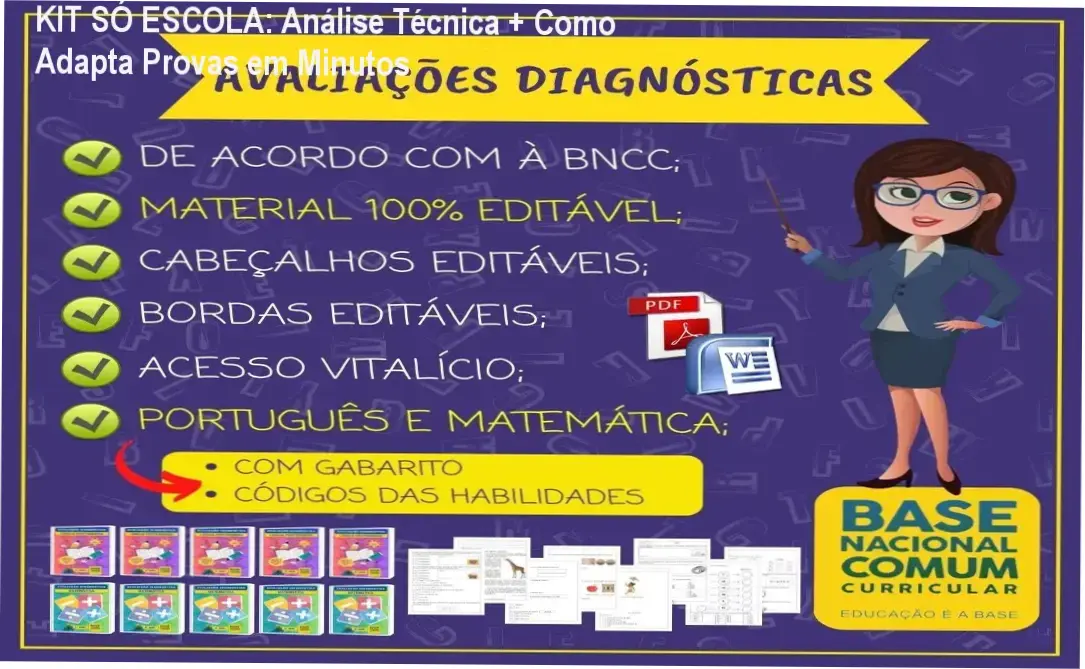KIT SÓ ESCOLA editável com gabarito explicando como professores personalizam provas em minutos