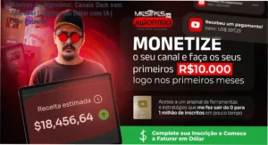 Curso Mestres do Algoritmo de Caio Ferreira com automação de canais dark no YouTube, incluindo estratégias para ganhar em dólar sem aparecer nas câmeras.
