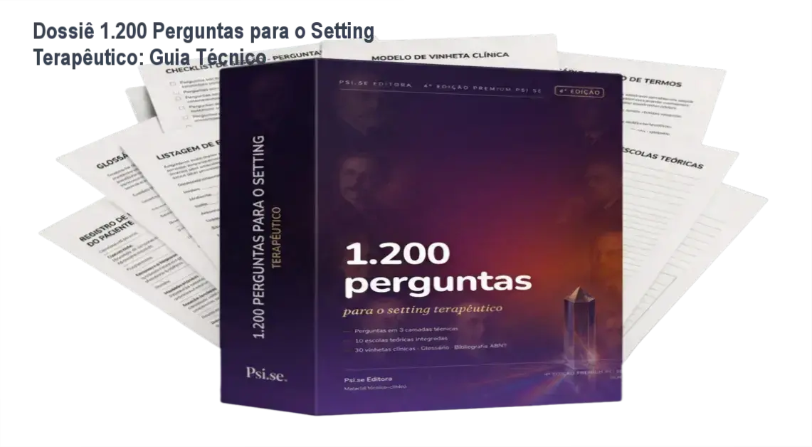 Diagramação técnica de manual de psicologia clínica apresentando perguntas e fundamentos teóricos para psicólogos.