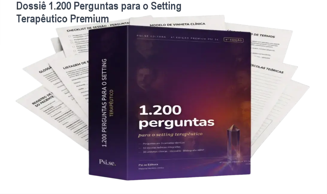 Capa do livro digital 1.200 Perguntas para o Setting Terapêutico mostrando interface de estudo clínico