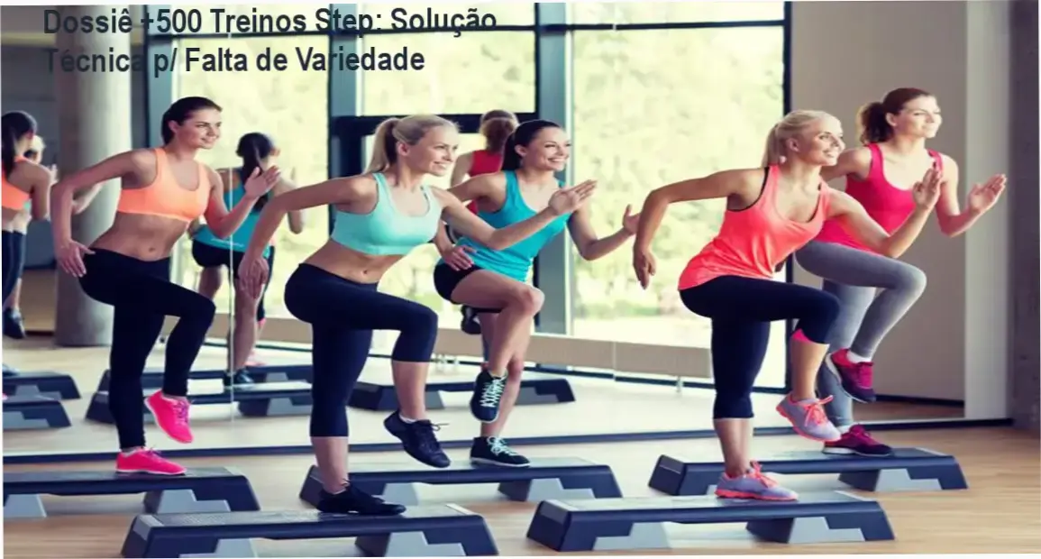 Capa do curso 500 Treinos com Step mostrando variedade de exercícios aeróbicos, coreografias de dança e treinos funcionais com step