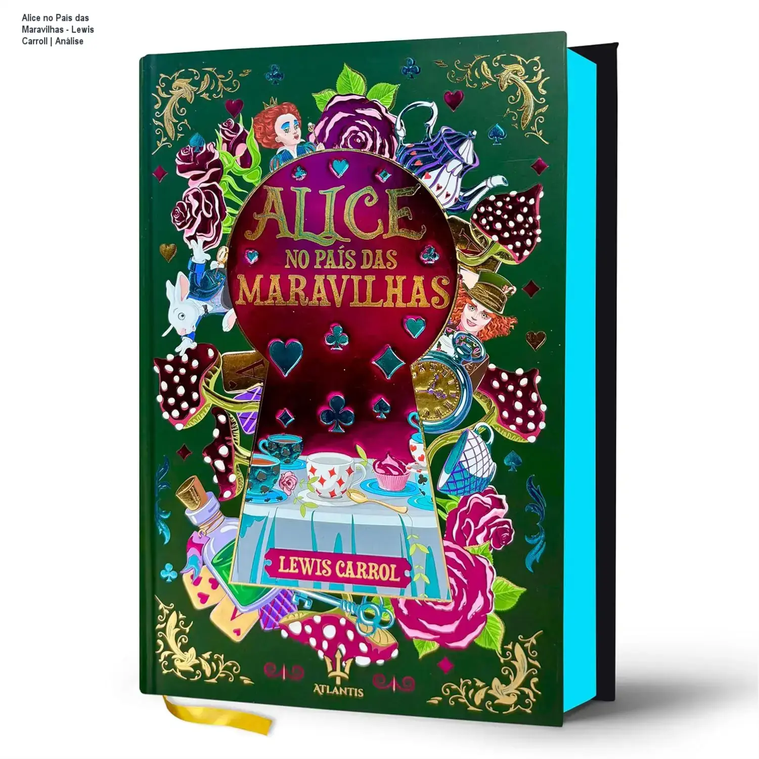 Capa dura da edição de luxo de Alice no País das Maravilhas com acabamento em hot stamping e lateral tie-dye