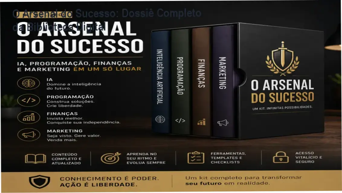 Visão geral do kit digital O Arsenal do Sucesso com temas de IA, Programação e Marketing