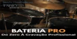 Baterista configurando microfones em uma bateria profissional para gravação em home studio
