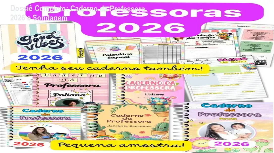 Visão detalhada do Caderno da Professora 2026 com ferramentas de sondagem diagnóstica e organização pedagógica