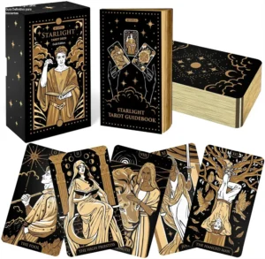 Baralho Wyspell Starlight com cartas douradas e capa artística para iniciantes de tarô