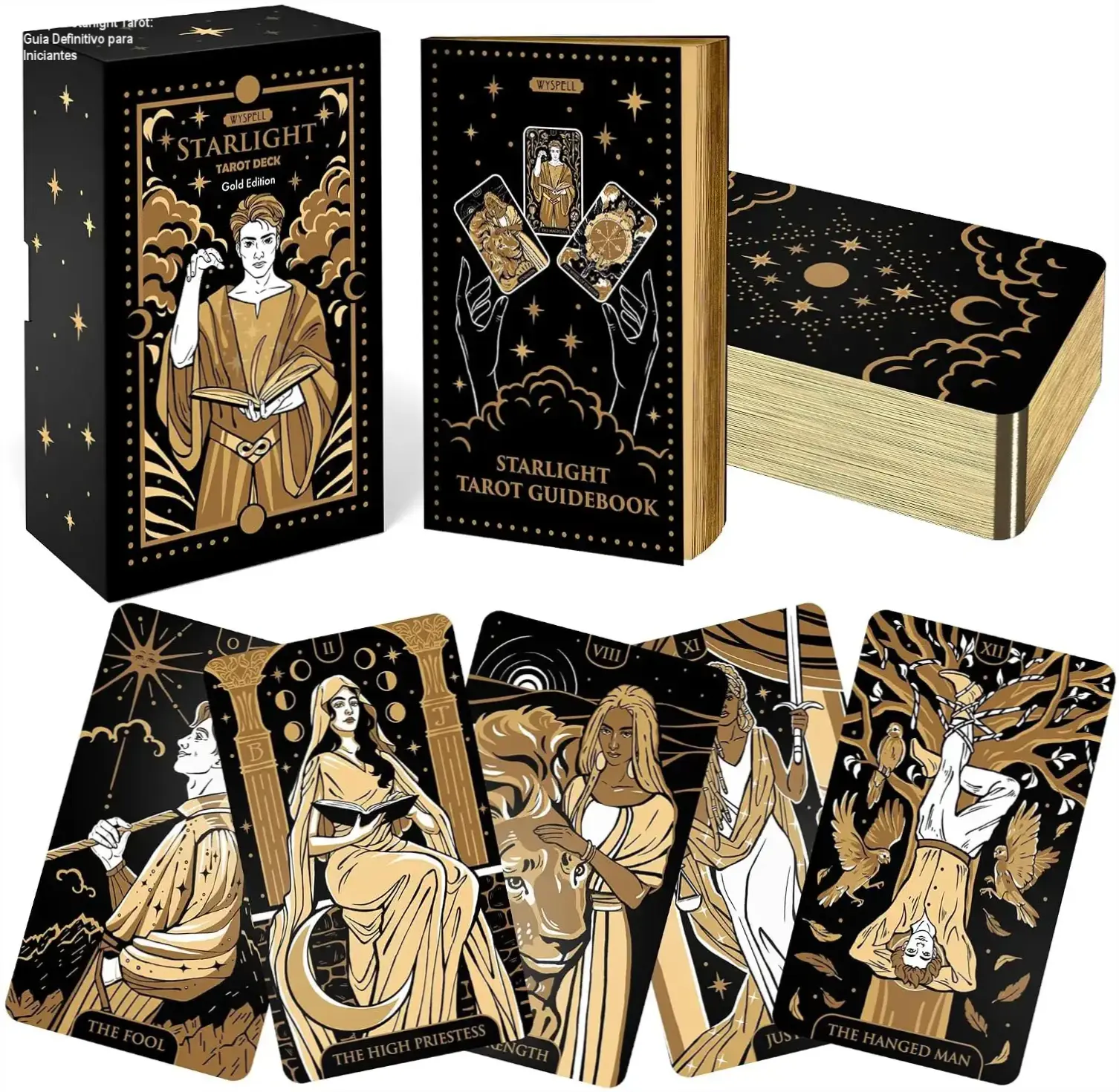 Baralho Wyspell Starlight com cartas douradas e capa artística para iniciantes de tarô