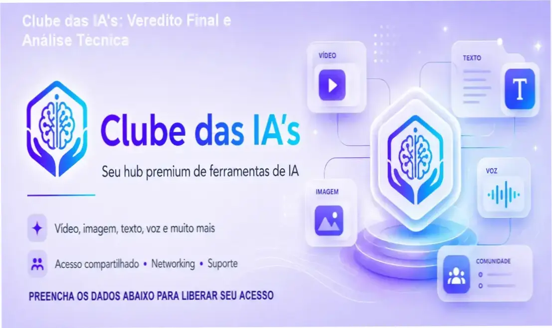 Interface do ecossistema Clube das IA's com ferramentas de geração de imagem, vídeo e texto