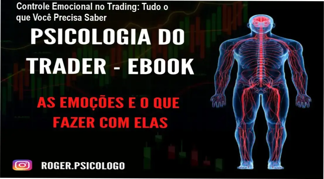 Livro destacando emoções registradas em gráfico de ações financeiras com título 'Psicologia do Trader: As Emoções e o que Fazer com Elas'
