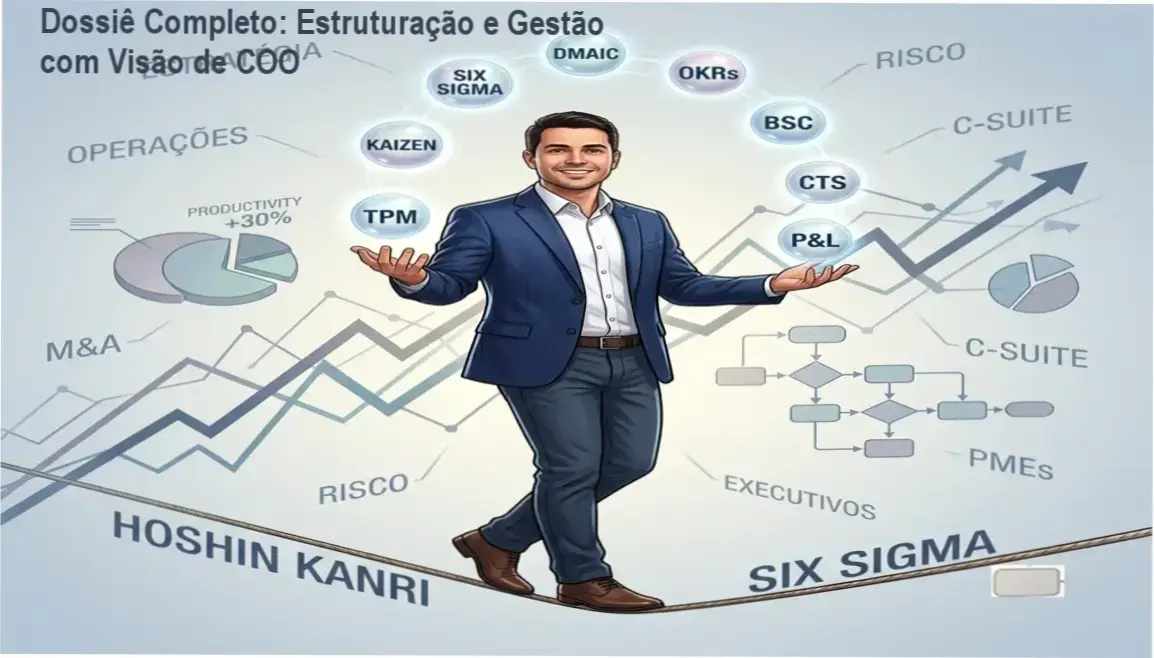 Infográfico detalhando metodologias de gestão como OKR, KPIs e Six Sigma para estruturação empresarial