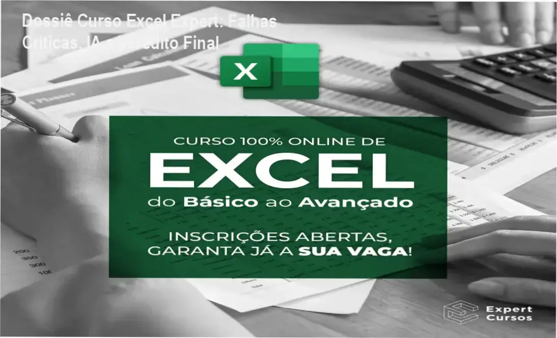 Análise técnica do Curso Excel Expert mostrando módulos de Power Query e integração com IA