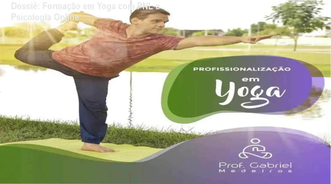 Instrutor praticando yoga em ambiente sereno com elementos de meditação ao fundo