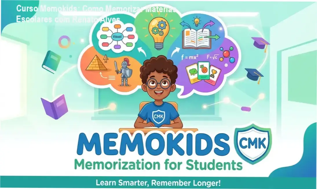 Capa do Curso Memokids exibindo módulos de técnicas de memorização aplicadas a matérias escolares como Matemática e Português