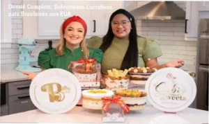 Confeiteiras apresentando sobremesas variadas preparadas com ingredientes americanos para venda.
