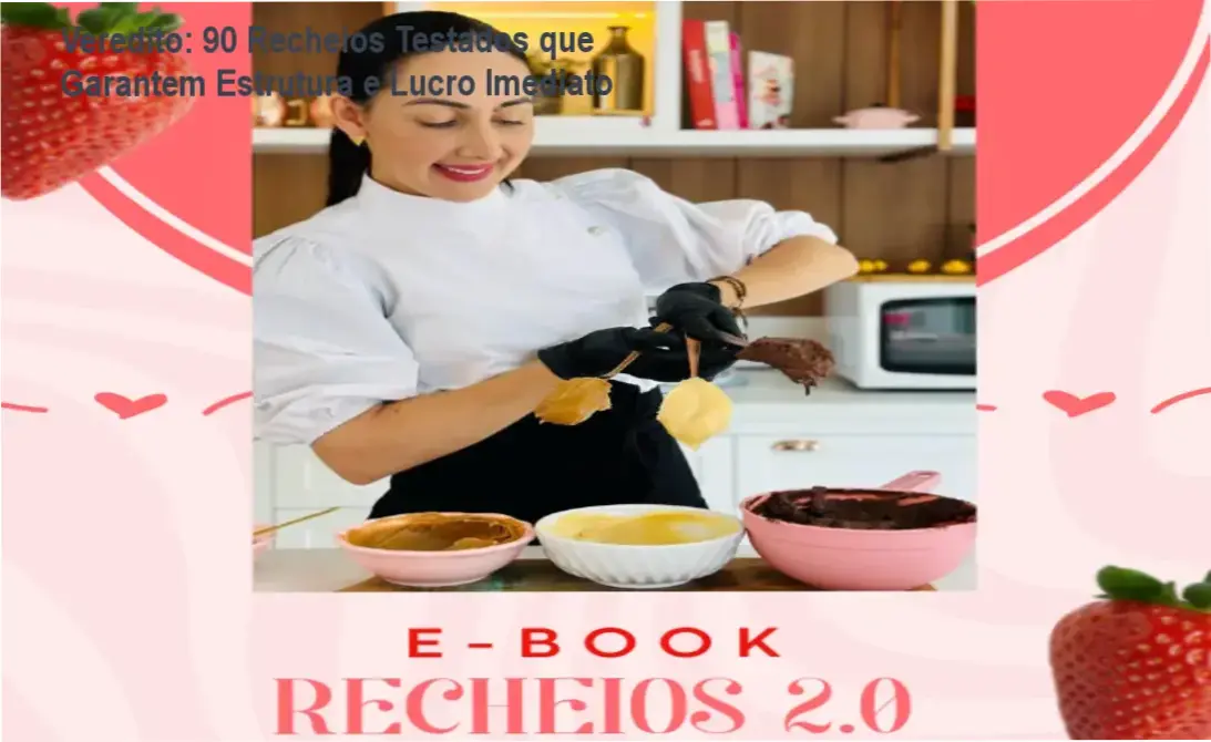 Capa do E-book Recheios 2.0 da Marrara Bortoloti mostrando 90 receitas de recheios profissionais para bolos lucrativos